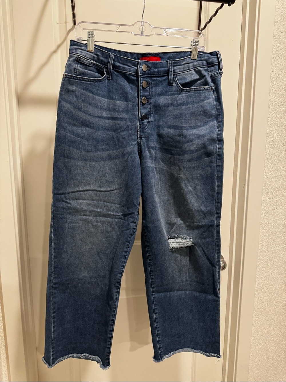 Size 14 Jennifer Lopez Medium Blue Straight Crop Jeans with Fraying - Button Fly